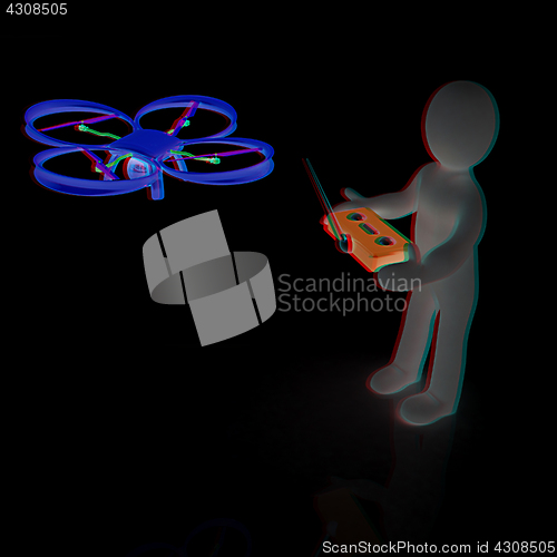 Image of 3d man with drone, quadrocopter, with photo camera. 3d render. 3