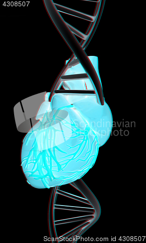 Image of DNA and heart. 3d illustration. Anaglyph. View with red/cyan gla