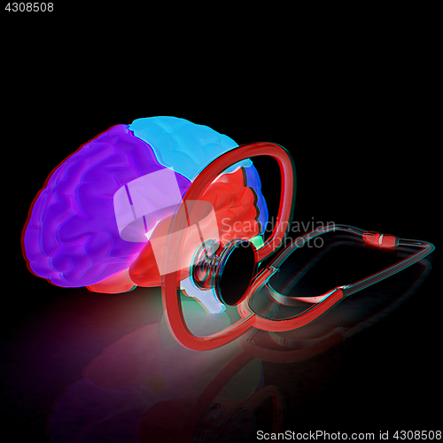 Image of stethoscope and brain. 3d illustration. Anaglyph. View with red/