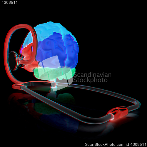 Image of stethoscope and brain. 3d illustration. Anaglyph. View with red/
