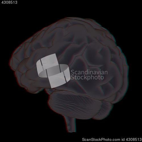 Image of 3D illustration of human brain. Anaglyph. View with red/cyan gla