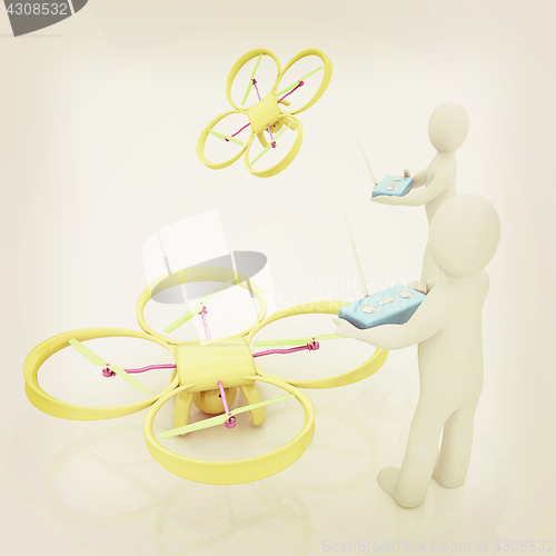 Image of 3d man with drone, quadrocopter, with photo camera. 3d render. 3