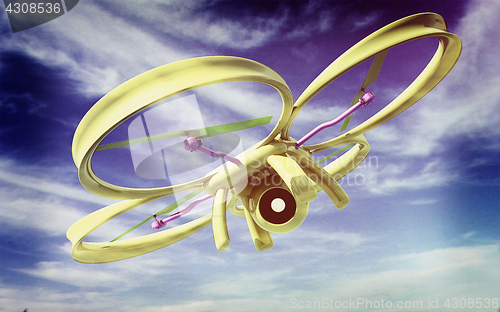 Image of Drone, quadrocopter, with photo camera against the sky. 3D illus