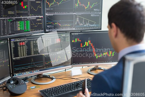 Image of Over the shoulder view of computer screens and stock broker trading online.