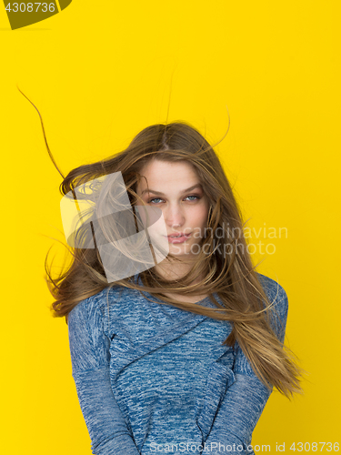 Image of pretty woman playing with her long silky hair