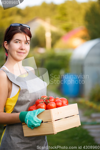 Image of Woman holding box with tomatoes