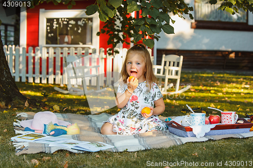 Image of The little girl sitting on green grass