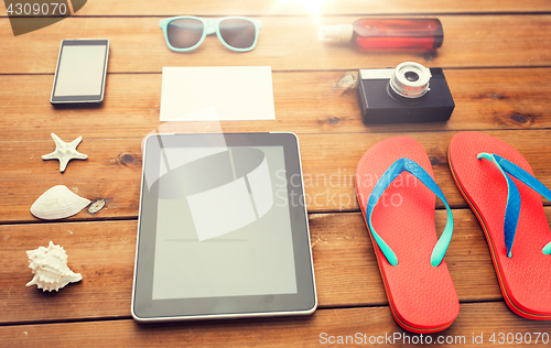 Image of close up of tablet pc and travel stuff