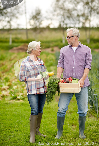 Image of senior couple with box of vegetables on farm