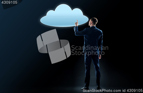 Image of businessman touching virtual cloud hologram