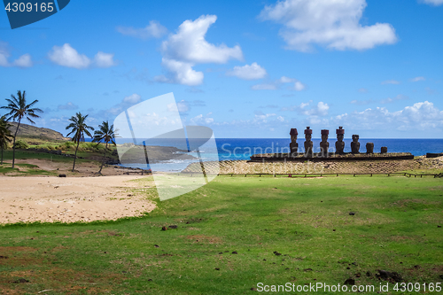 Image of Anakena palm beach and Moais statues site ahu Nao Nao, easter is