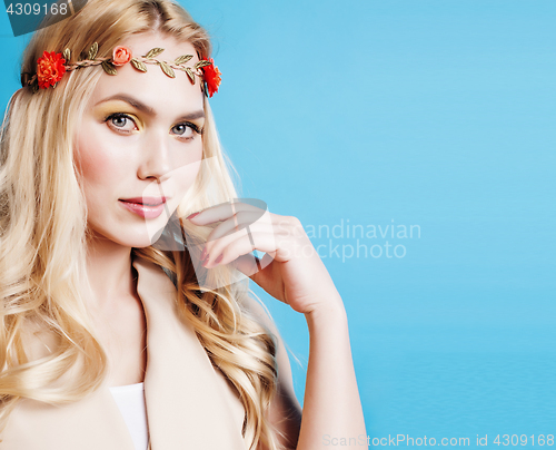 Image of young blond woman dressed like ancient greek godess, gold jewelry close up isolated, beautiful girl hands manicured 