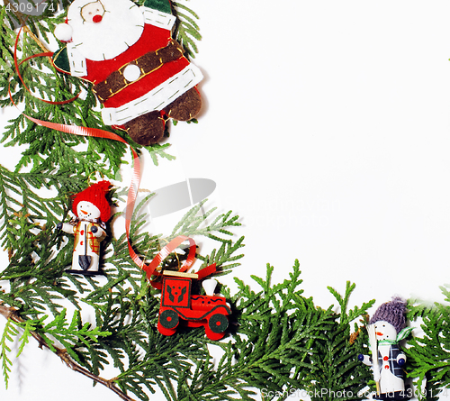 Image of christmas decoration isolated , white background for post card gift vintage, copyspace for text, fashion stylish red toys 
