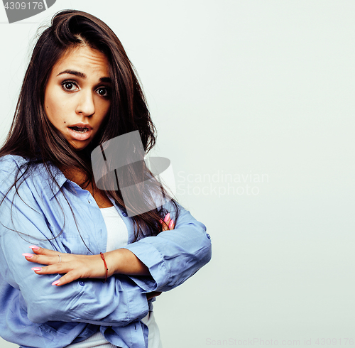 Image of young happy smiling latin american teenage girl emotional posing on white background, lifestyle people concept 