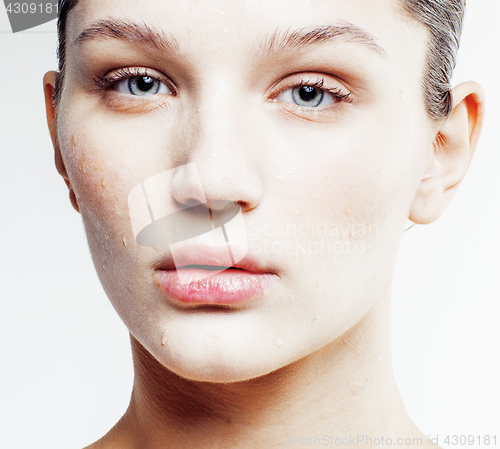 Image of young sweet brunette woman close up isolated on white background, perfect pure innocense freshness face, spa healthcare real people concept