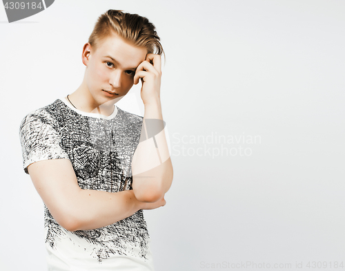 Image of young handsome teenage hipster guy posing emotional, happy smiling against white background isolated, lifestyle people concept 