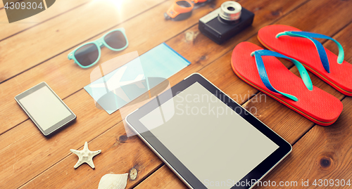 Image of close up of tablet pc and travel stuff