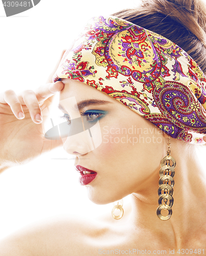 Image of young blond woman dressed like ancient greek godess, gold jewelry close up isolated, beautiful girl hands manicured 