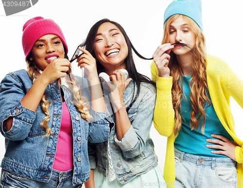 Image of diverse nation girls group, teenage friends company cheerful having fun, happy smiling, cute posing isolated on white background, lifestyle people concept