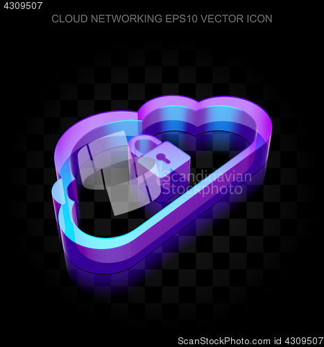 Image of Cloud technology icon: 3d neon glowing Cloud With Padlock made of glass, EPS 10 vector.