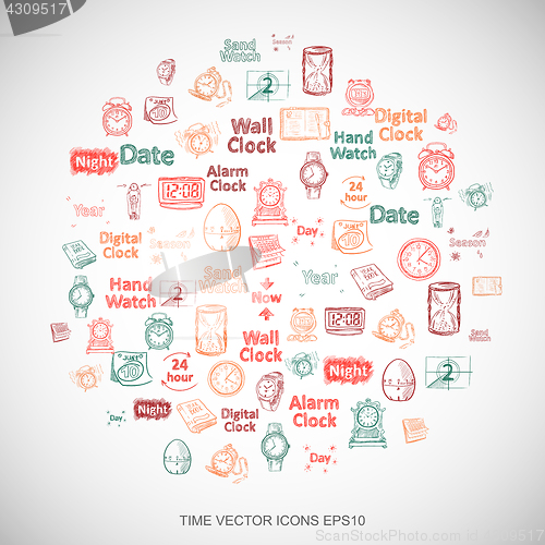 Image of Multicolor doodles Hand Drawing Time Icons set on White. EPS10 vector illustration.