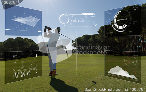 Image of Pro golf player shot ball from sand bunker