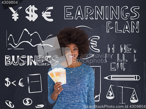 Image of black woman holding money on gray background