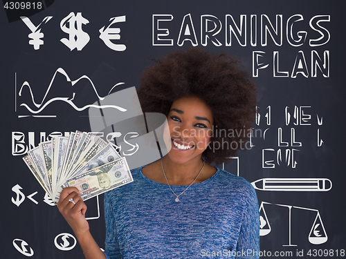 Image of black woman holding money on gray background