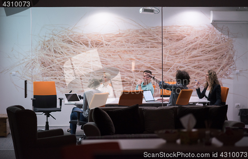 Image of Startup Business Team At A Meeting at modern night office buildi