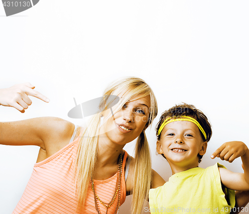 Image of funny mother and son with bubble gum