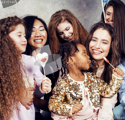 Image of Lifestyle and people concept: young pretty diversity nations woman with different age children celebrating on birth day party together happy smiling, making selfie. African-american, asian and caucasi