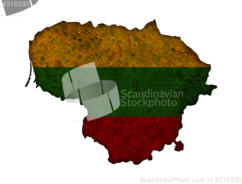Image of Map and flag of Lithuania on rusty metal