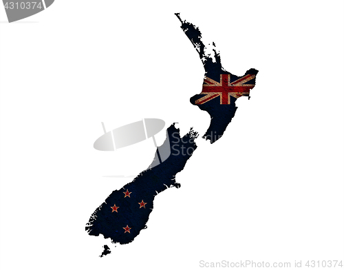 Image of Map and flag of New Zealand on rusty metal,