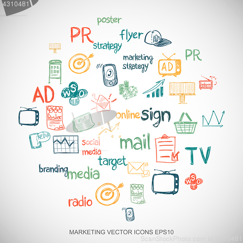 Image of Multicolor doodles Hand Drawn Marketing Icons set on White. EPS10 vector illustration.