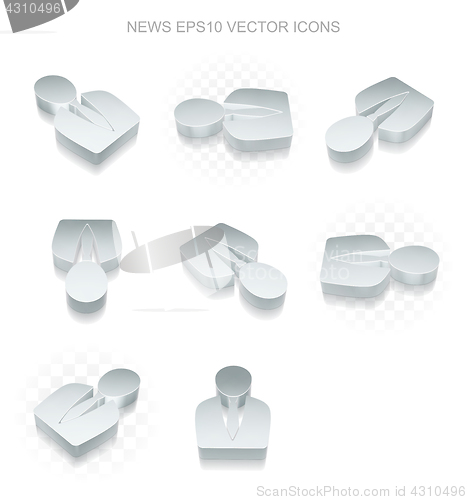 Image of News icons set: different views of metallic Business Man, transparent shadow, EPS 10 vector.