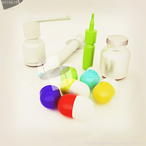 Image of Syringe, tablet, pill jar. 3D illustration. Vintage style.