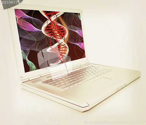 Image of Laptop with dna medical model background on laptop screen. 3d il