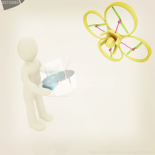 Image of 3d man with drone, quadrocopter, with photo camera. 3d render. 3