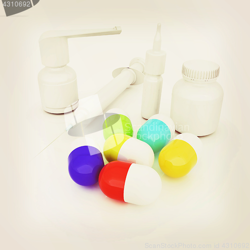 Image of Syringe, tablet, pill jar. 3D illustration. Vintage style.