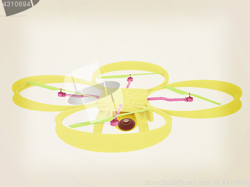 Image of Drone, quadrocopter, with photo camera flying. 3d render. Vintag