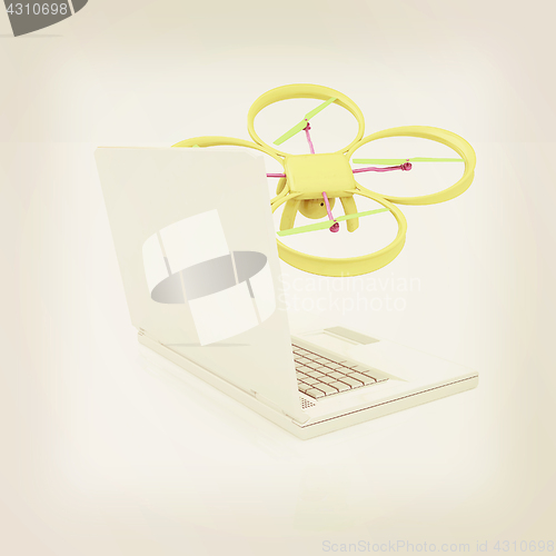 Image of Drone and laptop. 3D render. Vintage style.