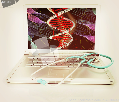 Image of silver laptop diagnosis with stethoscope. 3D illustration. Vinta