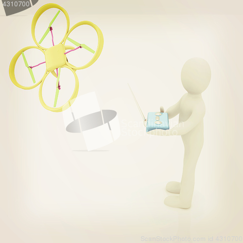 Image of 3d man with drone, quadrocopter, with photo camera. 3d render. 3