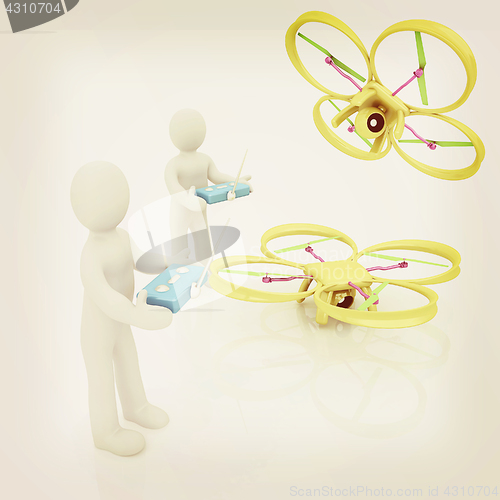 Image of 3d man with drone, quadrocopter, with photo camera. 3d render. 3