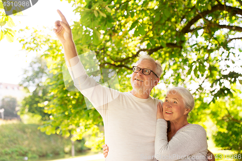 Image of happy senior couple hugging at summer park