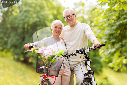 Image of happy senior couple with bicycles at summer park