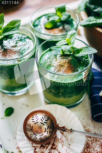 Image of Green smoothies with leaves of fresh mint