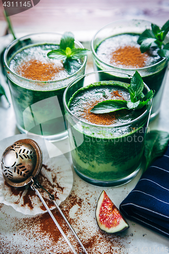 Image of Green smoothies with leaves of fresh mint