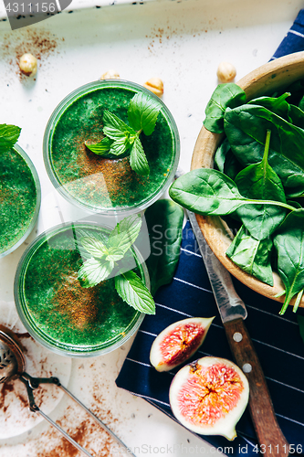 Image of Green smoothies with leaves of fresh mint