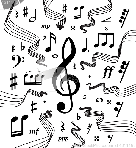 Image of Musical staves vector illustration with music notes and symbols